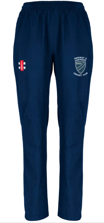 Gray Nicolls Quedgeley & Hardwicke CC Ladies Velocity Track Trousers in navy, featuring an elastic waistband, white club badge on the right leg, and a small red and white patch on the left leg.