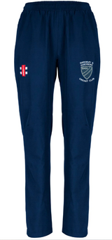 Gray Nicolls Quedgeley & Hardwicke CC Ladies Velocity Track Trousers in navy, featuring an elastic waistband, white club badge on the right leg, and a small red and white patch on the left leg.