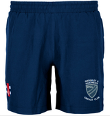 The Quedgeley & Hardwicke CC Training Shorts by Gray Nicolls are navy blue with an elastic waistband, the club logo on the right leg, and a red and white patch on the left—ideal for cricket training.