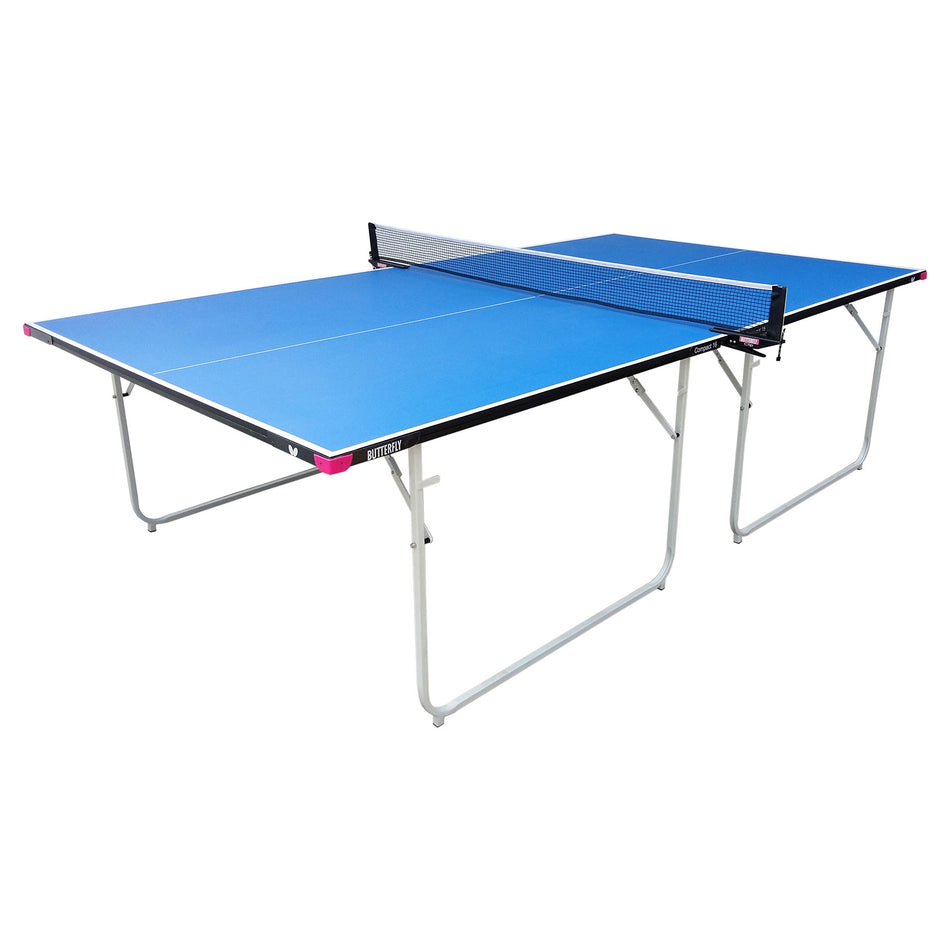 A Butterfly Compact 16 Wheelaway Table Tennis Table by Butterfly in blue, featuring a black net, white boundary lines, and metal foldable legs, is set up and ready for play against a plain white background.