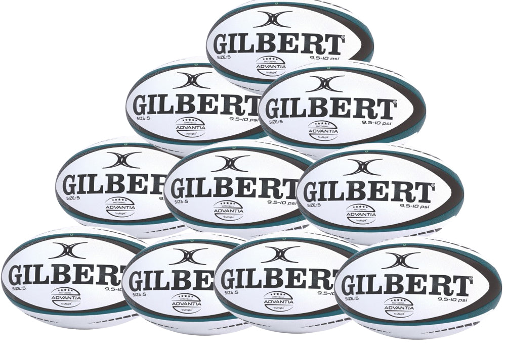 A ten-pack of Gilbert Advantia Match Rugby Balls, featuring black stripes and bold "GILBERT" branding, is neatly stacked in a pyramid formation.