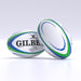 Two white Gilbert Barbarian HD Match Rugby Balls are on a smooth surface. One lies flat with the Gilbert logo visible, while the other stands upright, showing its side and blue-green patterns.