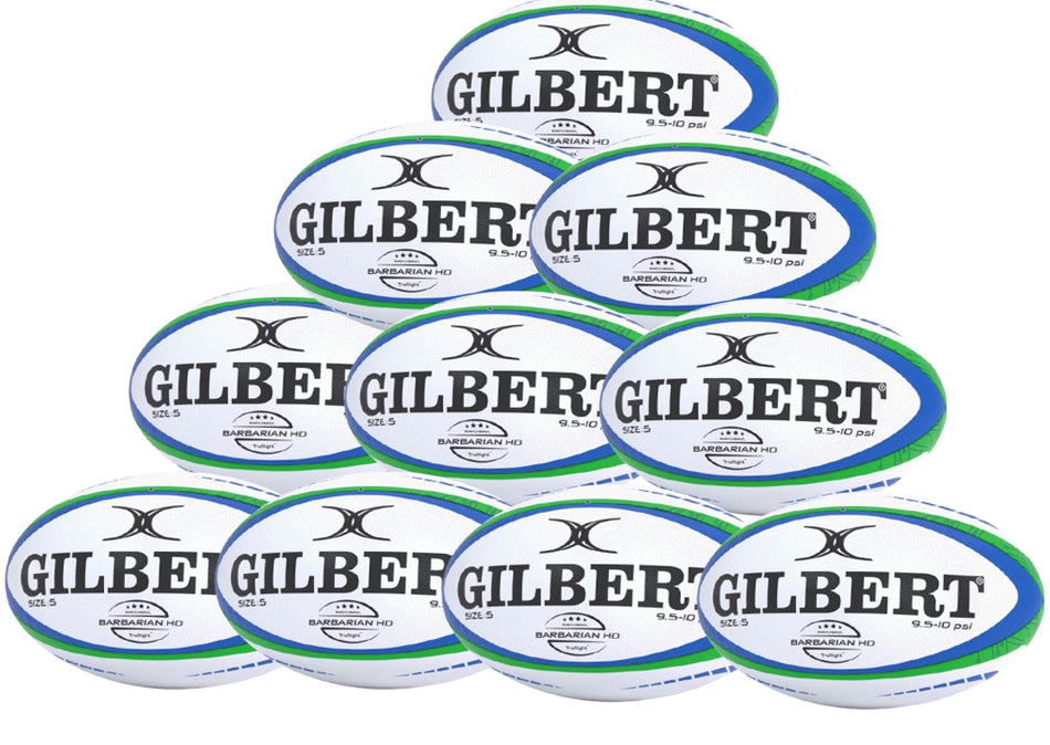 A pyramid of ten size 5 Gilbert Barbarian HD match rugby balls, each white with blue and green accents, branded with Gilbert and included in the Gilbert Barbarian HD Match Rugby Ball Ten Pack.