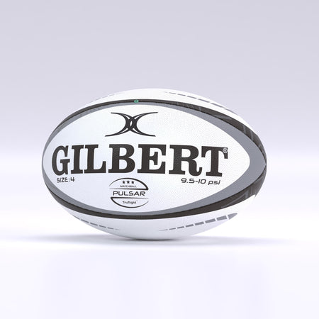 The Gilbert Pulsar Match Rugby Ball is a white, size 4 club match ball with black and gray accents, hand stitched for durability, features the bold Gilbert name, 9.5-10 psi rating, and is designed to World Rugby standards.