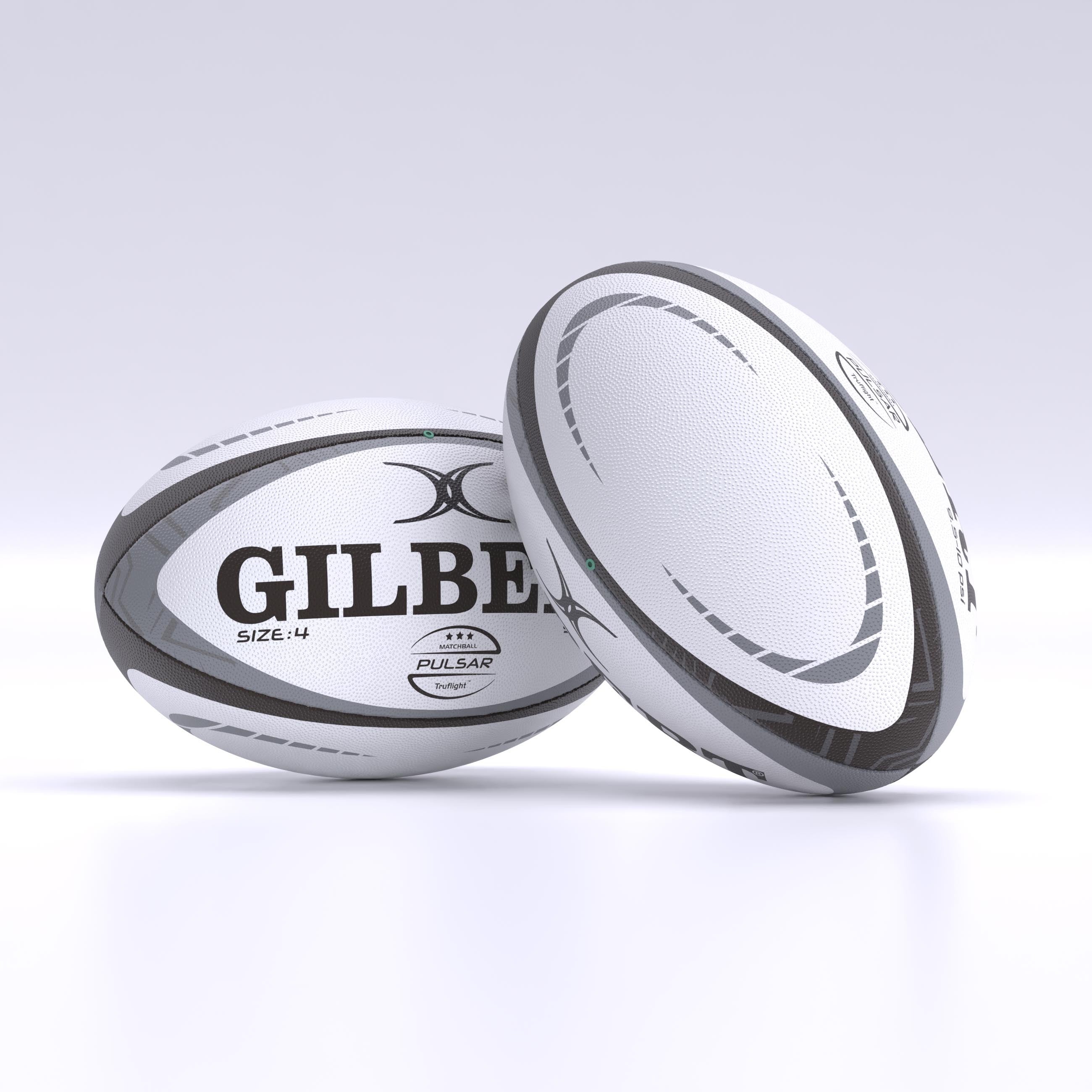 Two white and gray Gilbert Pulsar Match Rugby Balls, hand stitched to meet World Rugby specs, rest on a clean light surface—one upright, the other leaning gently against it.