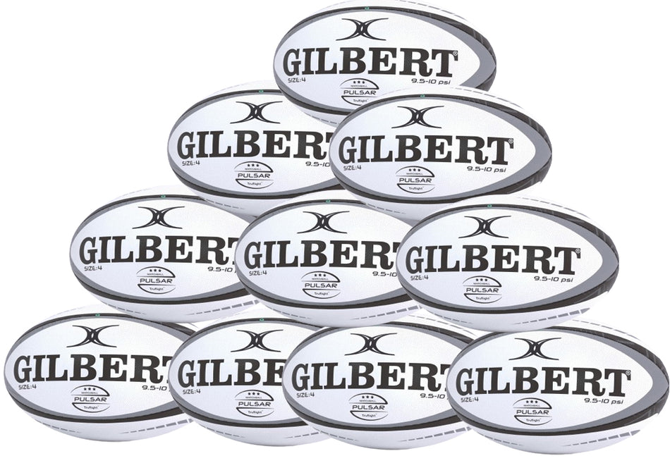 A pyramid stack of ten white Gilbert Pulsar Match Rugby Balls with black trim, each marked with the GILBERT brand and Pulsar logo. These balls, in a ten-pack, are designed to meet World Rugby specifications.