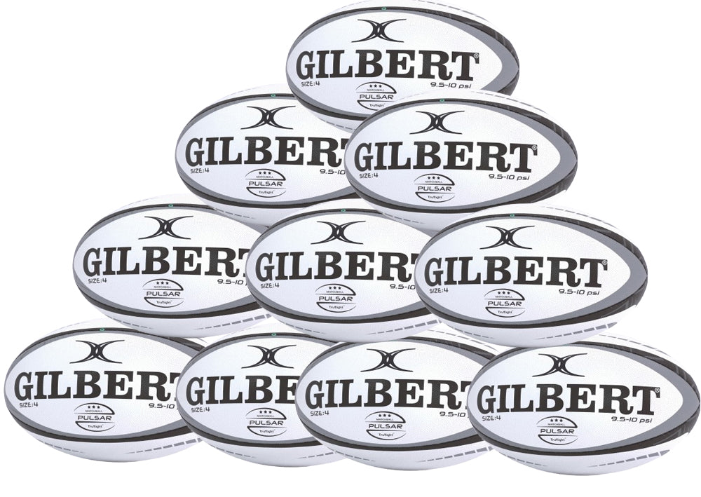 A pyramid stack of ten white Gilbert Pulsar Match Rugby Balls with black trim, each marked with the GILBERT brand and Pulsar logo. These balls, in a ten-pack, are designed to meet World Rugby specifications.
