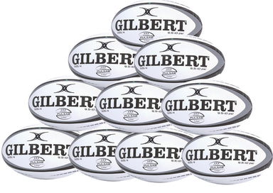 A pyramid stack of ten white Gilbert Pulsar Match Rugby Balls with black trim, each marked with the GILBERT brand and Pulsar logo. These balls, in a ten-pack, are designed to meet World Rugby specifications.