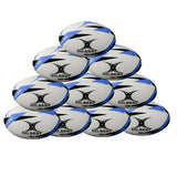 A pyramid stack of ten Gilbert G-TR3000 Training Balls, white with blue accents and Hydratec technology, arranged in four rows on a plain white background.