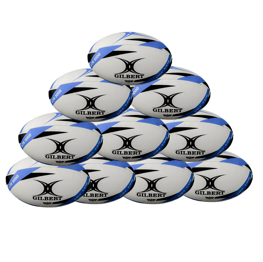 A pyramid stack of ten Gilbert G-TR3000 Training Balls, white with blue accents and Hydratec technology, arranged in four rows on a plain white background.