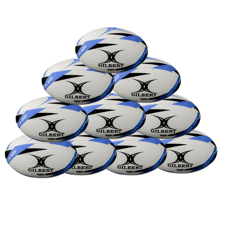 A pyramid stack of ten Gilbert G-TR3000 Training Balls, white with blue accents and Hydratec technology, arranged in four rows on a plain white background.