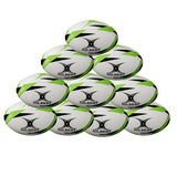 A pyramid stack of ten Gilbert G-TR3000 Training Balls by Gilbert, white and green with branding and Hydratec text, displayed against a white background.