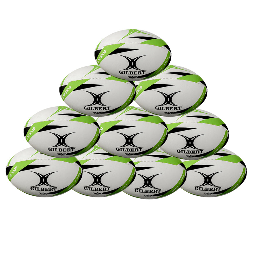 A pyramid stack of ten Gilbert G-TR3000 Training Balls by Gilbert, white and green with branding and Hydratec text, displayed against a white background.