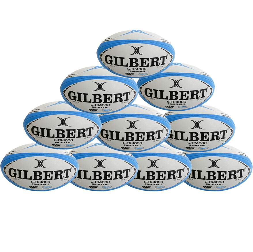 A pyramid stack of ten sky-colored Gilbert G-TR4000 rugby balls, each featuring the Gilbert logo and Tri Grip Technology, arranged on a white background.