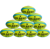 A pyramid stack of ten fluoro Gilbert G-TR4000 Rugby Balls, with black text and logos, highlights their Tri Grip Technology against a white background.