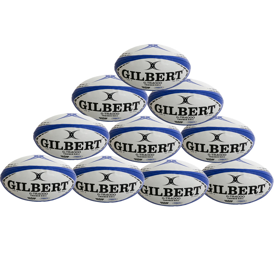 A pyramid-shaped stack of ten navy Gilbert G-TR4000 Rugby Balls, each featuring the Gilbert logo and Tri Grip Technology, comes in this ten pack for ideal training performance.