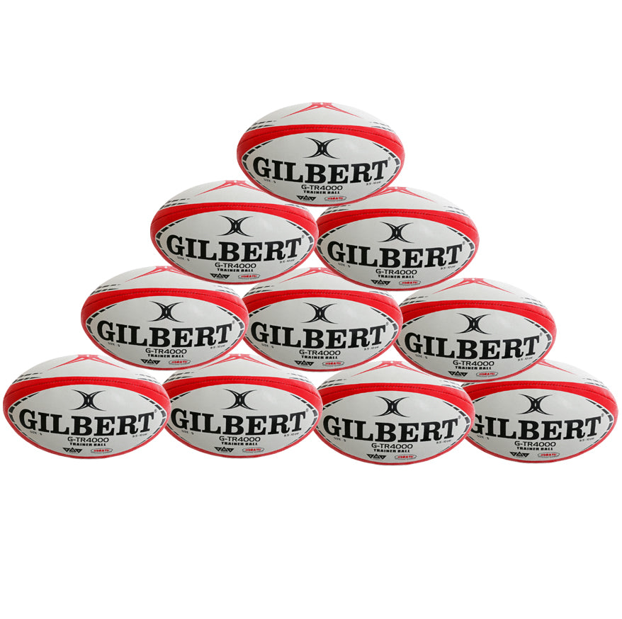 A pyramid stack of ten red Gilbert G-TR4000 Rugby Balls by Gilbert, arranged in four rows against a white background—perfect as a rugby training ball display.