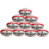 A pyramid stack of ten red Gilbert G-TR4000 Rugby Balls by Gilbert, arranged in four rows against a white background—perfect as a rugby training ball display.