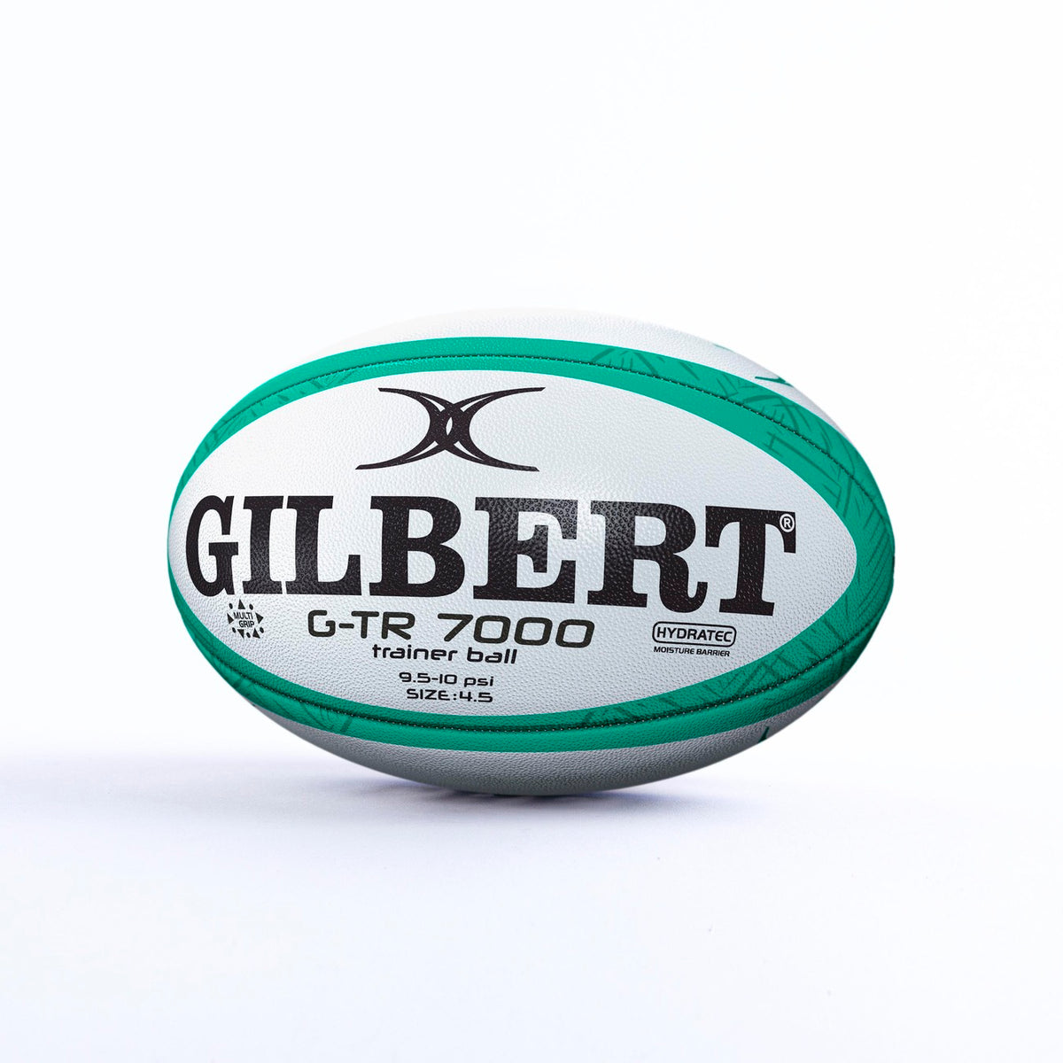 A Gilbert G-TR7000 Training Ball - Size 4.5 in white and green is displayed against a plain background, clearly showing the Gilbert brand—perfect for skill development.