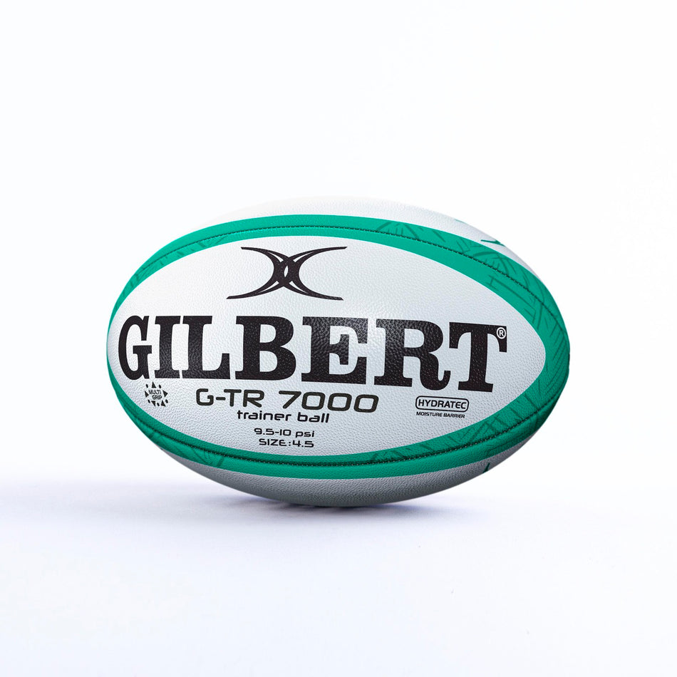 A Gilbert G-TR7000 Training Ball - Size 4.5 in white and green is displayed against a plain background, clearly showing the Gilbert brand—perfect for skill development.