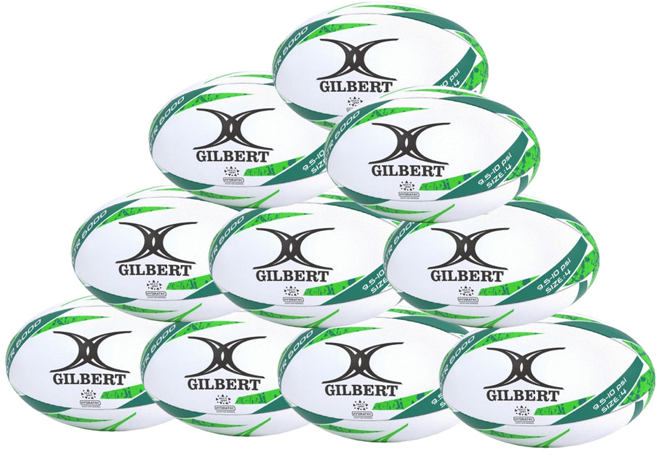 A pyramid stack of ten Gilbert G-TR6000 Training Rugby Balls by Gilbert showcases their green-accented white design and durable rubber surface—ideal as a rugby training ball set.