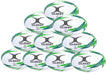 A pyramid stack of ten Gilbert G-TR6000 Training Rugby Balls by Gilbert showcases their green-accented white design and durable rubber surface—ideal as a rugby training ball set.