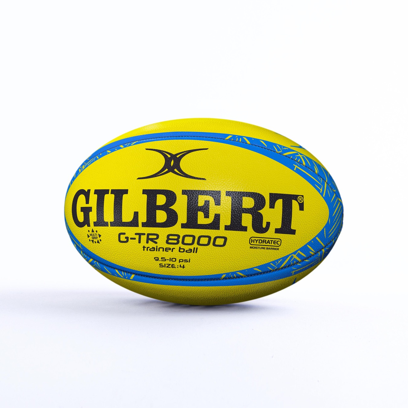 A Fluro Gilbert G-TR8000 Training Rugby Ball by Gilbert is shown on a white background.