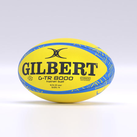 A fluro Gilbert G-TR8000 Training Rugby Ball by Gilbert is shown against a plain light background. Made from durable rubber, the brand’s text and logo are clearly displayed on the ball’s surface.