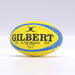 A fluro Gilbert G-TR8000 Training Rugby Ball by Gilbert is shown against a plain light background. Made from durable rubber, the brand’s text and logo are clearly displayed on the ball’s surface.