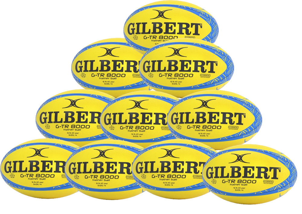 A pyramid stack of ten fluro Gilbert G-TR8000 Training Rugby Balls, each showing the brand and model, ideal for UK rugby enthusiasts or training sessions.