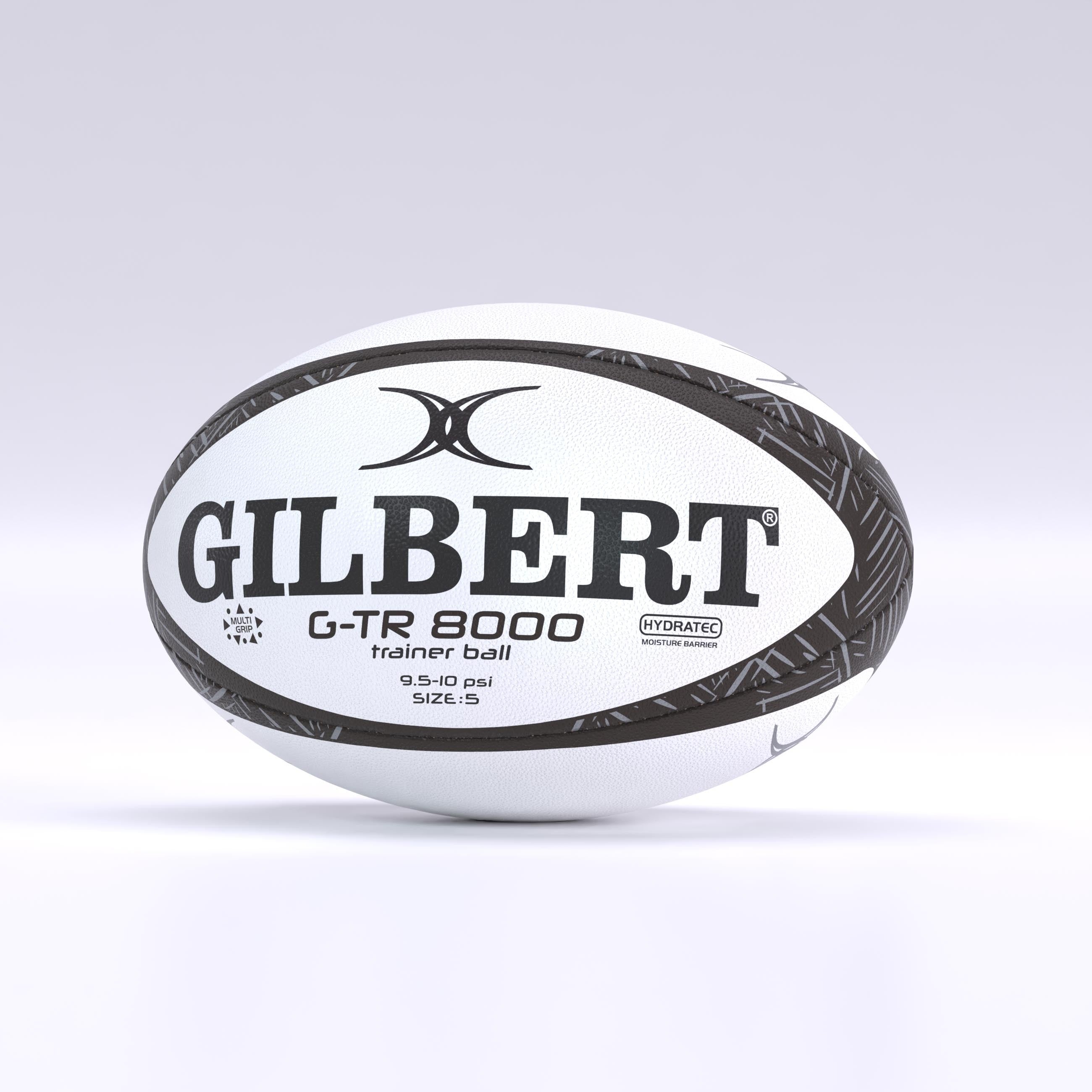 A black Gilbert G-TR8000 Training Rugby Ball by Gilbert, featuring durable rubber construction with HYDRATEC and size details printed on it, is displayed on a light background.