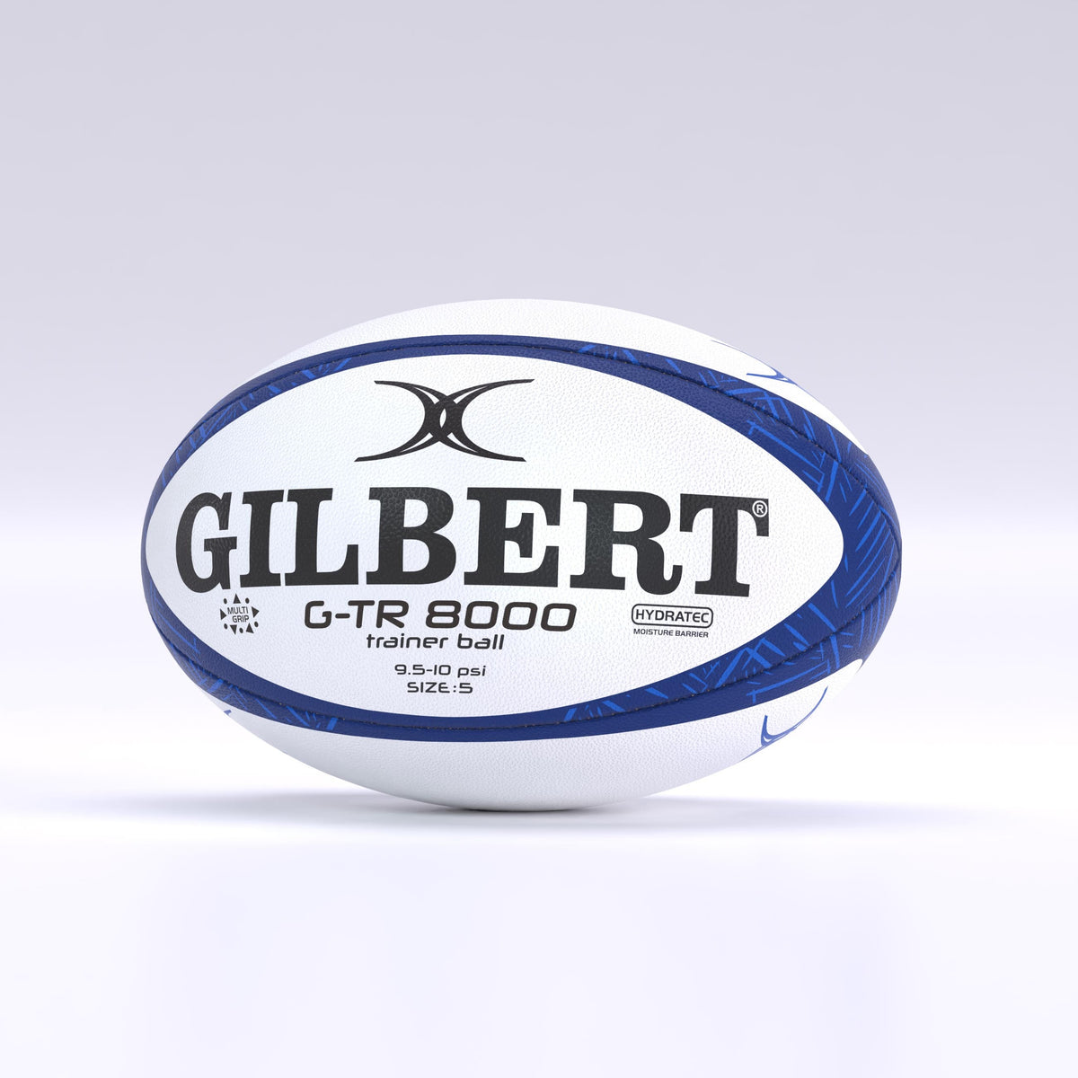 A navy Gilbert G-TR8000 Training Rugby Ball by Gilbert is displayed on a plain light background, featuring large black branding and text that identifies it as a size 5 ball crafted from durable rubber.