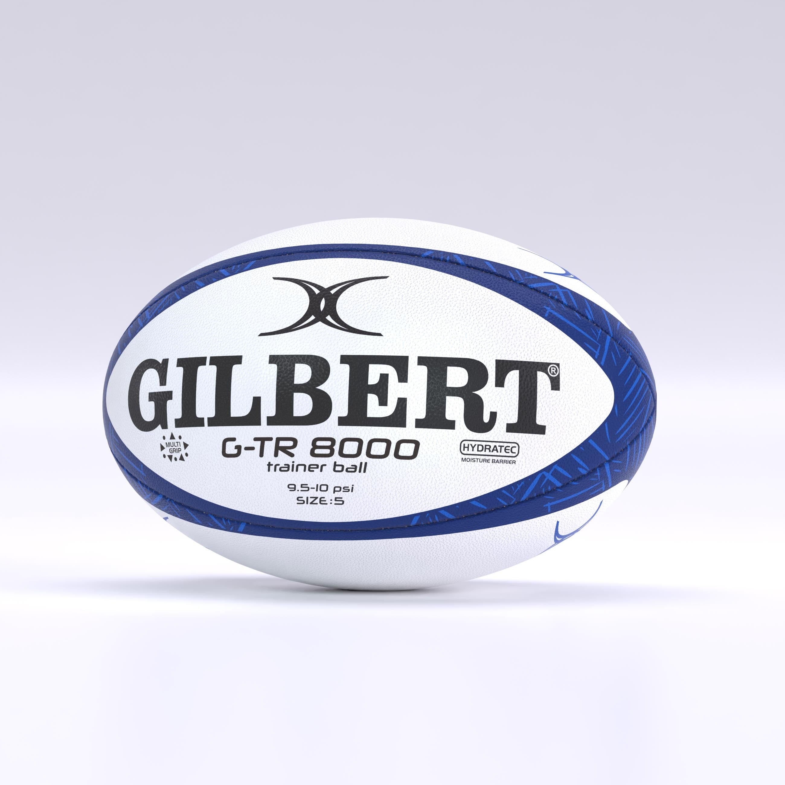 A navy Gilbert G-TR8000 Training Rugby Ball by Gilbert is displayed on a plain light background, featuring large black branding and text that identifies it as a size 5 ball crafted from durable rubber.
