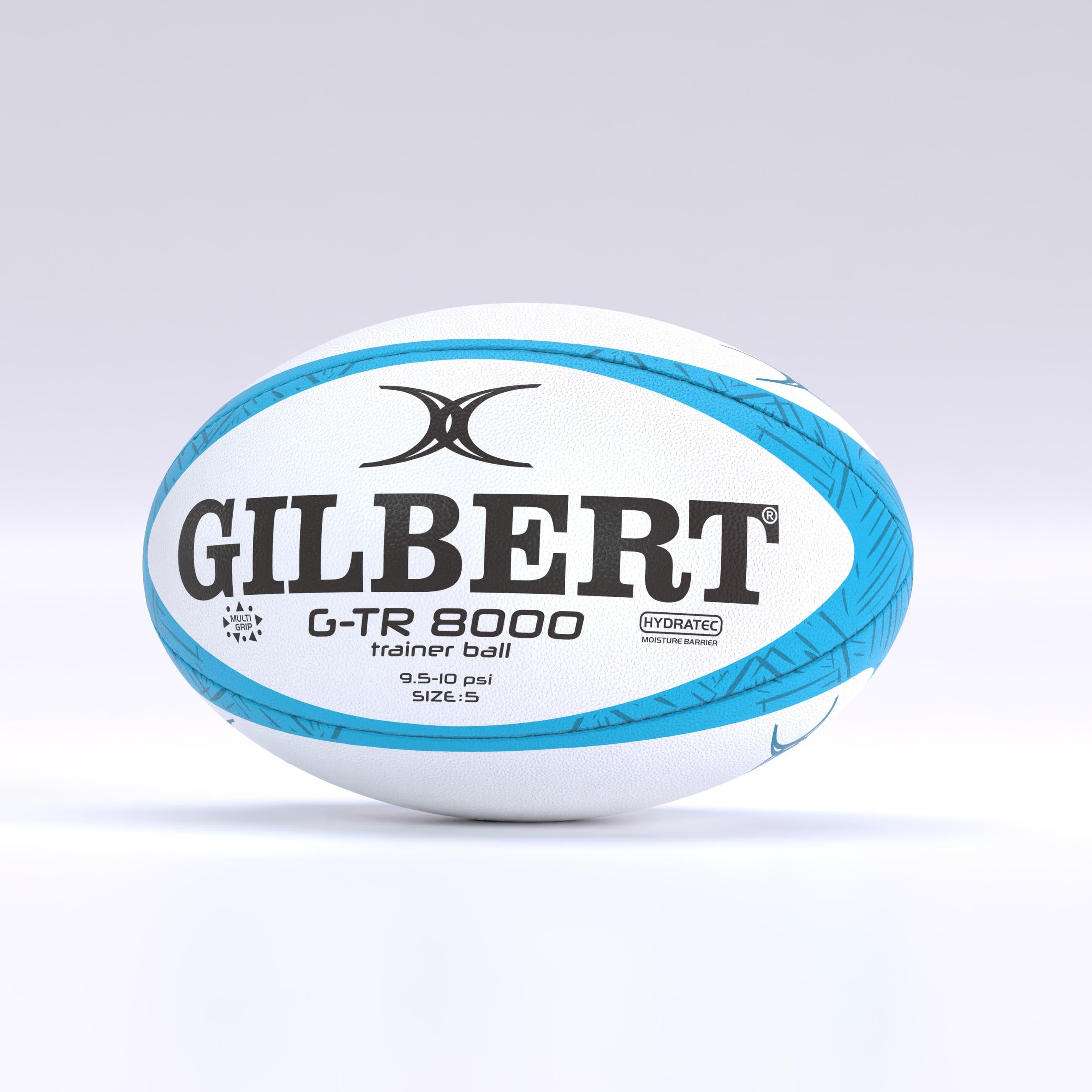 A sky blue Gilbert G-TR8000 Training Rugby Ball rests on a white background, displaying the Gilbert brand, model name, and size 5 markings.