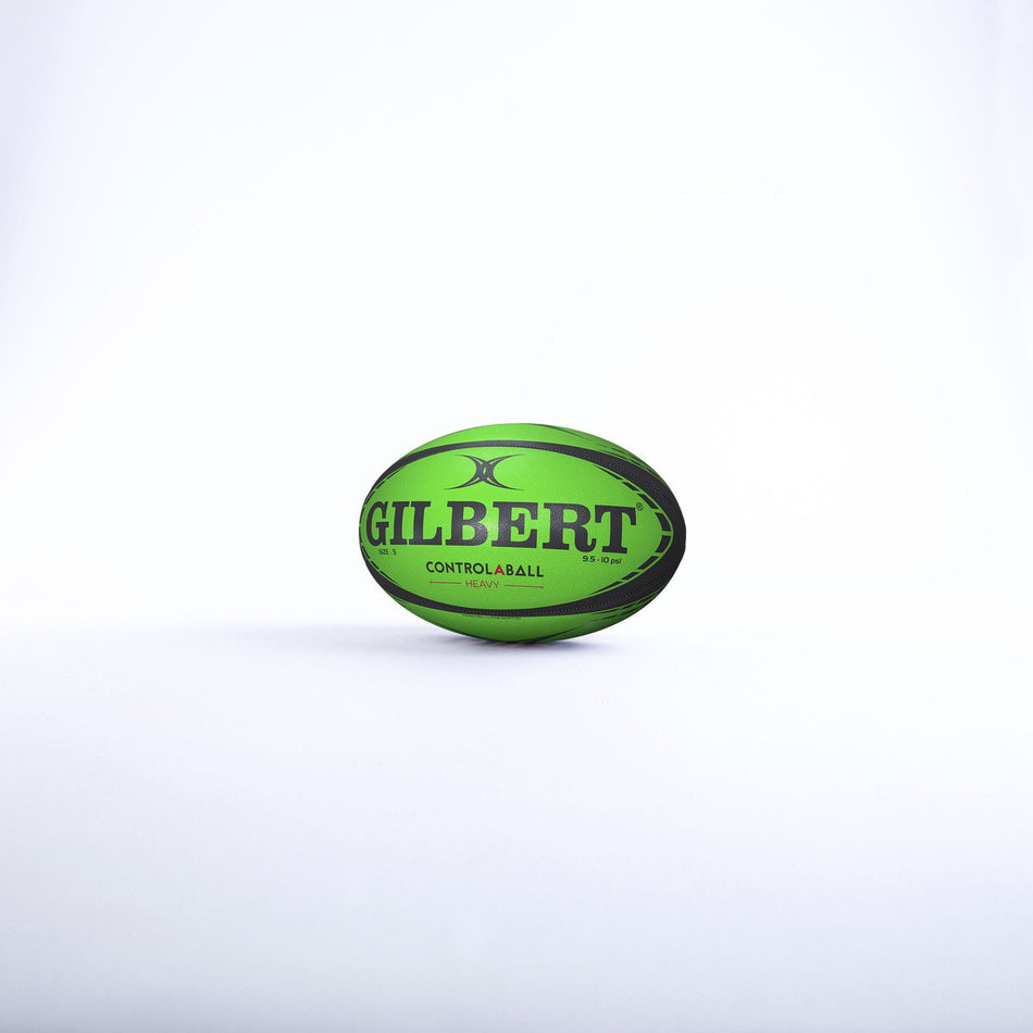 A green Gilbert Control-A-Balls - Singles rugby ball with black text, from the Gilbert training range, stands upright on a white background.
