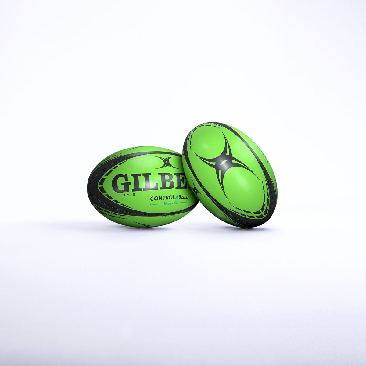 Two bright green and black Gilbert Control-A-Balls - Singles by Gilbert are shown on a white background, one standing upright and one lying flat—ideal equipment for perfecting your rugby catch pass skills.