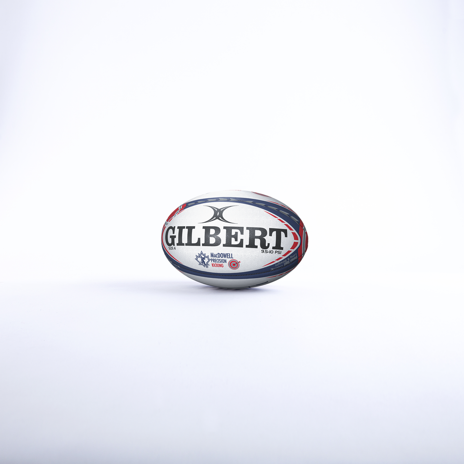 The Gilbert MacDowell Kicking Ball by Gilbert features black and red accents and stands upright against a plain white background—ideal for perfecting your goalkicking skills.