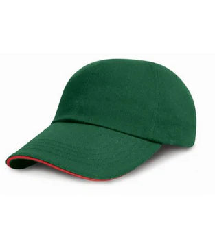 A green Martin Berrill Sports Custom Baseball Cap featuring a curved brim and thin red trim on the bill, displayed on a white background. Ideal for anyone seeking embroidered caps with no minimum order.