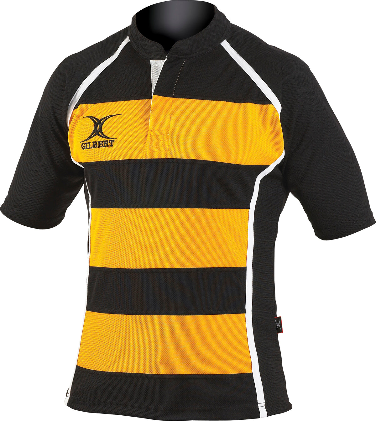 The Gilbert Xact Match Hoop Shirt by Gilbert features black and amber horizontal stripes, black sleeves, white shoulder piping, and a small left-chest Gilbert logo. Lightweight and breathable—ideal for rugby matches.