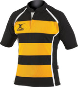 The Gilbert Xact Match Hoop Shirt by Gilbert features black and amber horizontal stripes, black sleeves, white shoulder piping, and a small left-chest Gilbert logo. Lightweight and breathable—ideal for rugby matches.