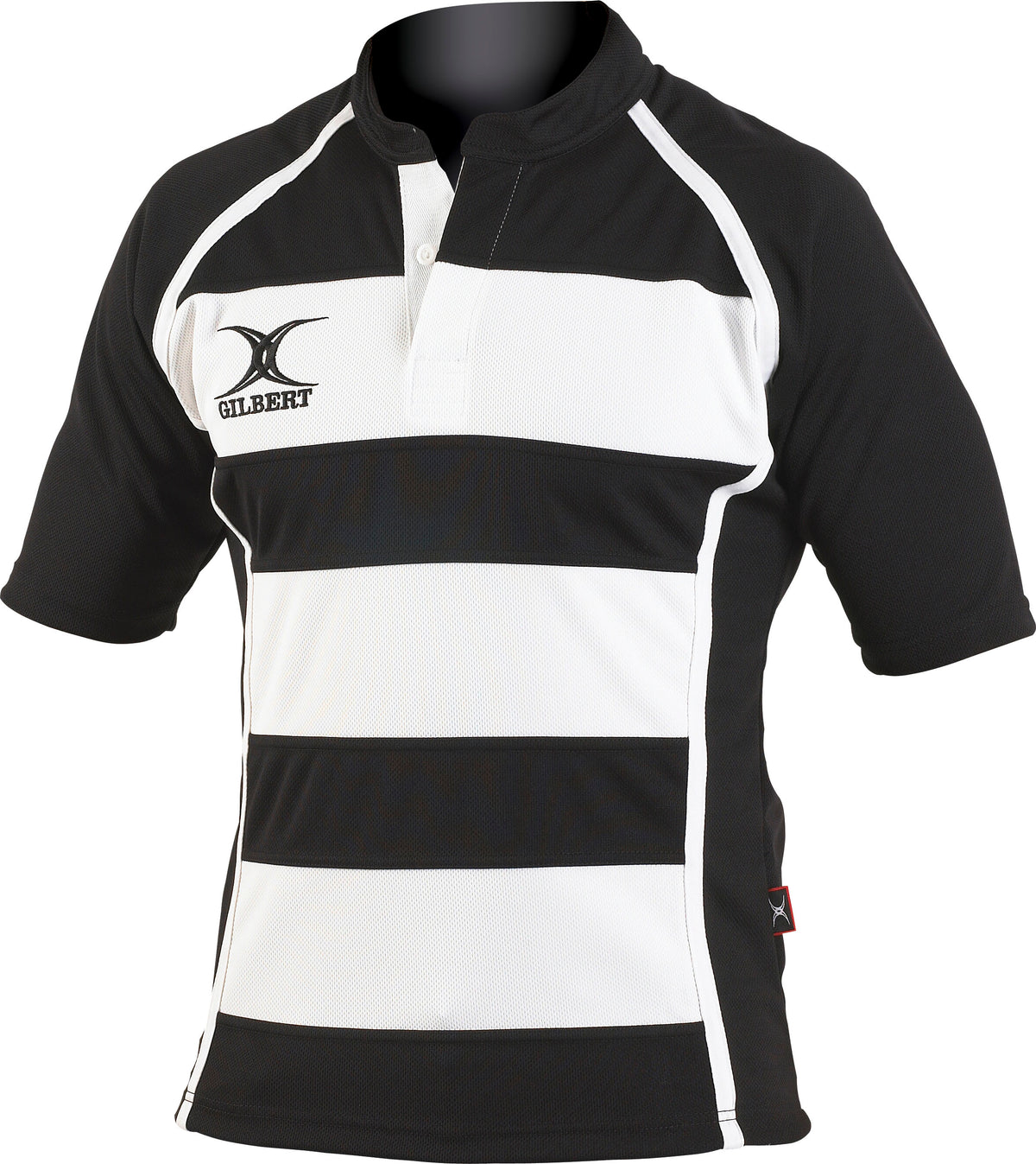 The Gilbert Xact Match Hoop Shirt by Gilbert is a black and white rugby shirt with broad horizontal stripes, short sleeves, a buttoned neckline, and the Gilbert logo on the chest. Lightweight and breathable for comfort and style.