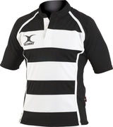 The Gilbert Xact Match Hoop Shirt by Gilbert is a black and white rugby shirt with broad horizontal stripes, short sleeves, a buttoned neckline, and the Gilbert logo on the chest. Lightweight and breathable for comfort and style.