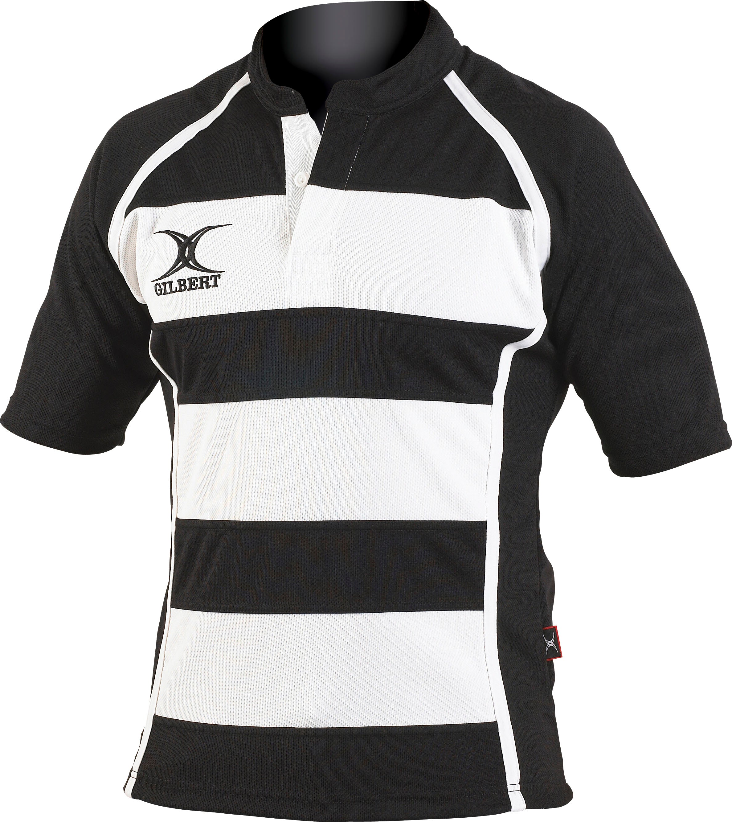 The Gilbert Xact Match Hoop Shirt by Gilbert is a black and white rugby shirt with broad horizontal stripes, short sleeves, a buttoned neckline, and the Gilbert logo on the chest. Lightweight and breathable for comfort and style.