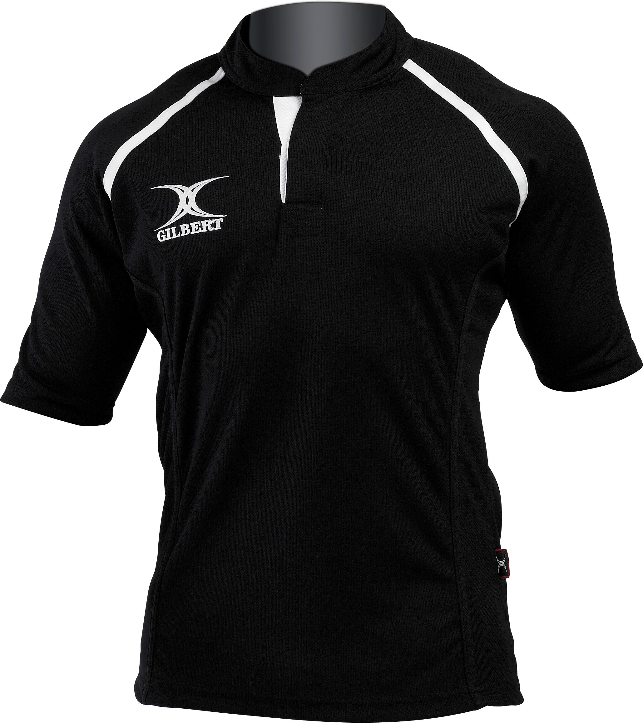 The Gilbert Xact Match Monochrome Rugby Shirt in black features white shoulder accents, a partial button collar, and the Gilbert logo—ideal durable sportswear for players wanting performance and style.