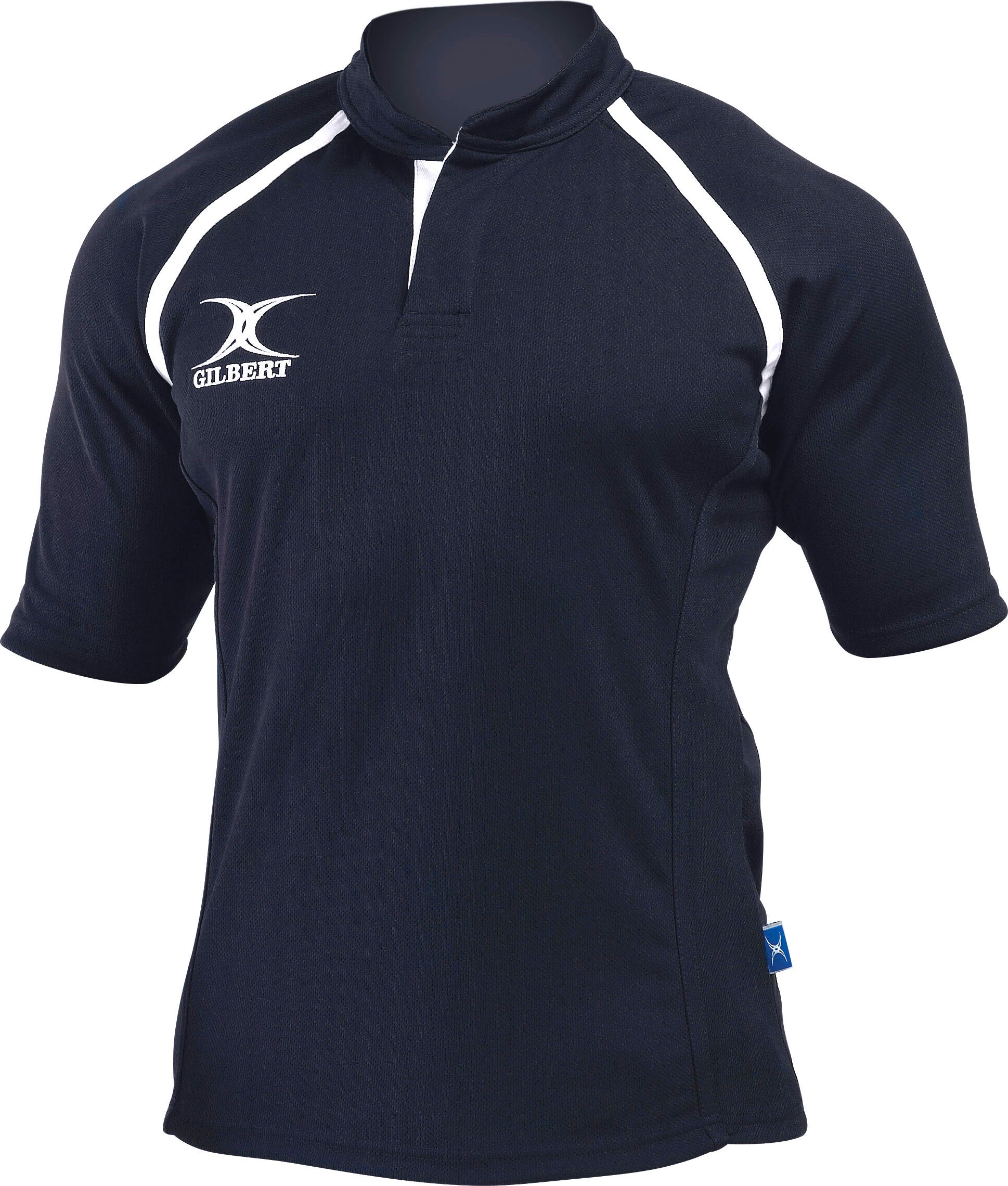 The Gilbert Xact Match Monochrome Rugby Shirt in navy features short sleeves, white piping on the shoulders, a white placket, and the Gilbert logo on the left chest. Displayed on a mannequin, it’s designed for durable sportswear.
