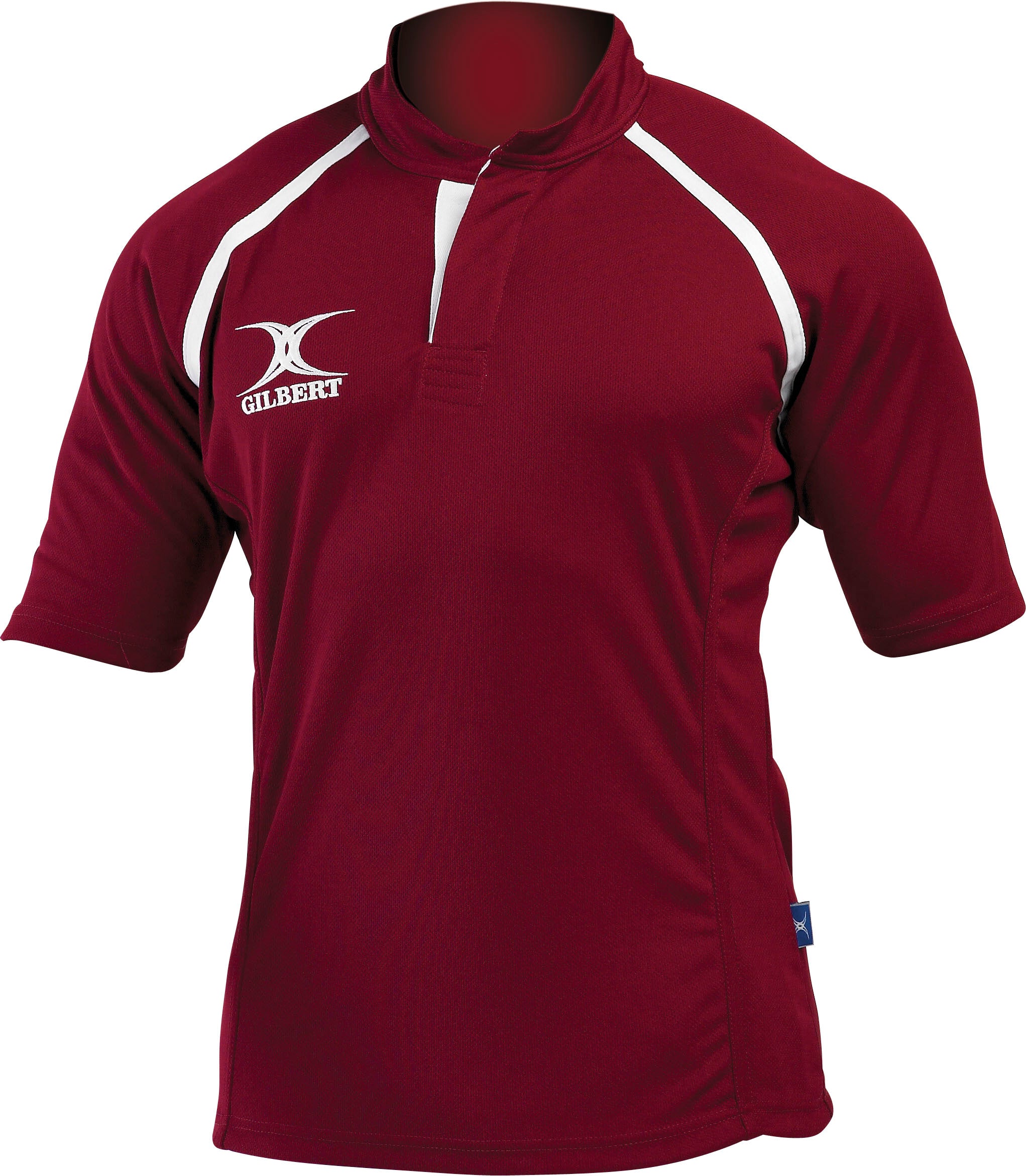 The Gilbert Xact Match Monochrome Rugby Shirt is a maroon short-sleeve top with white piping, a button placket, and the Gilbert logo on the left chest. Designed for comfort and moisture management, it's ideal durable sportswear.