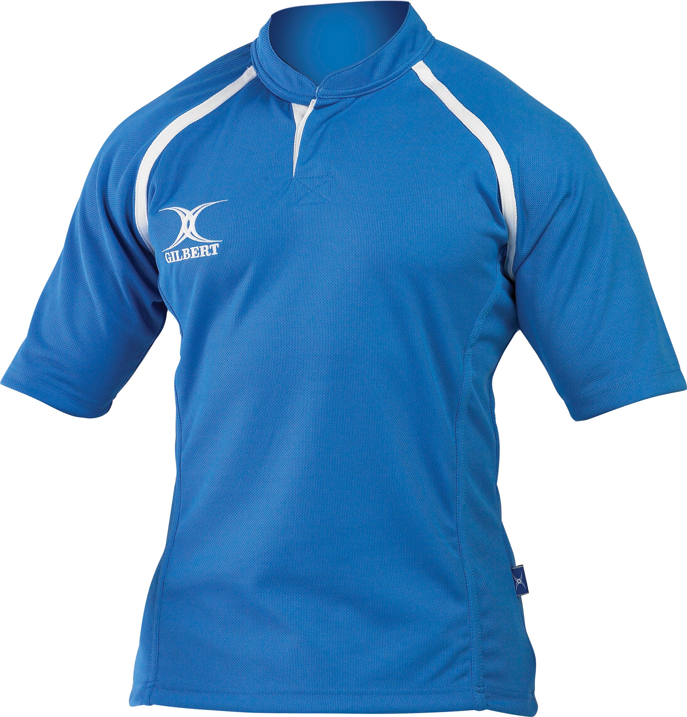 The Gilbert Xact Match Monochrome Rugby Shirt in Sky features short sleeves, white shoulder piping, and a small white Gilbert logo on the chest. Shown on a mannequin, this shirt offers durable sportswear with excellent moisture management.