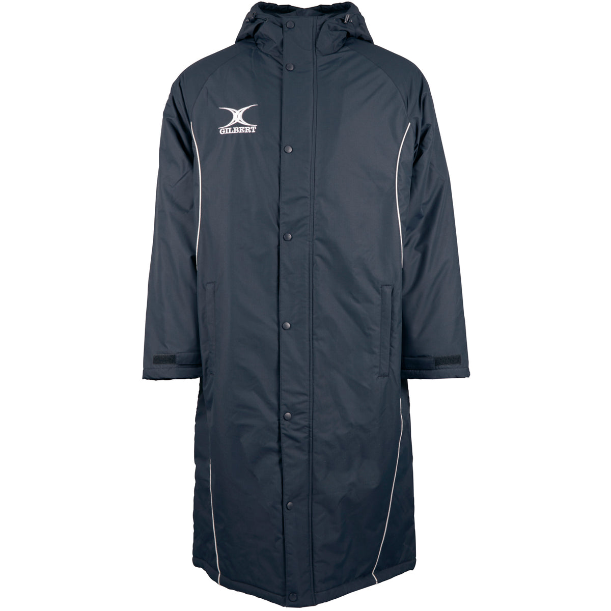 The Gilbert Touchline Sub Jacket by Gilbert is a long, dark waterproof jacket with a hood, button closure, white piping, and an ODIN AQUATIC fish logo—perfect for outdoor wear and inspired by classic touchline style.
