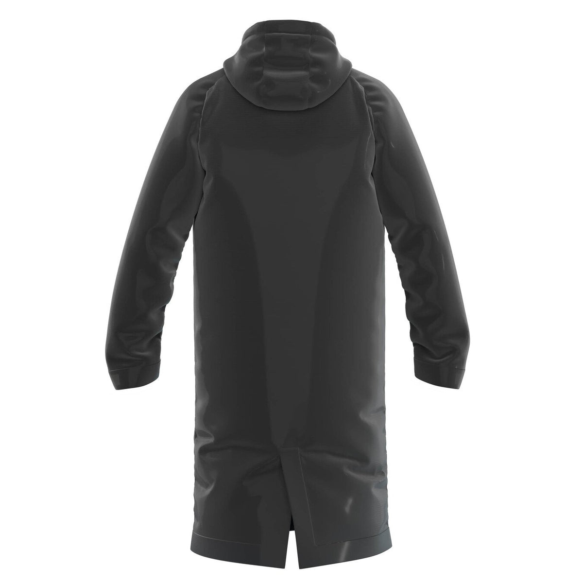The Gilbert TTS Touchline Jacket by Gilbert features a long black design with hood and long sleeves, shown from the back and crafted from shiny waterproof material.