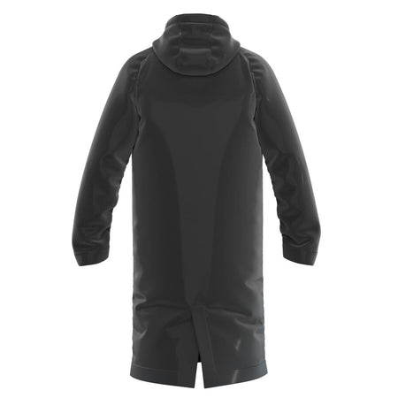 The Gilbert TTS Touchline Jacket by Gilbert features a long black design with hood and long sleeves, shown from the back and crafted from shiny waterproof material.